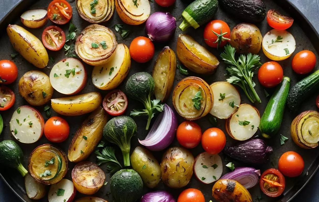 Légumes rôtis incluant des pommes de terre, des carottes, des courgettes, des oignons et des tomates cerises, disposés de manière attrayante avec des bords dorés et croustillants.