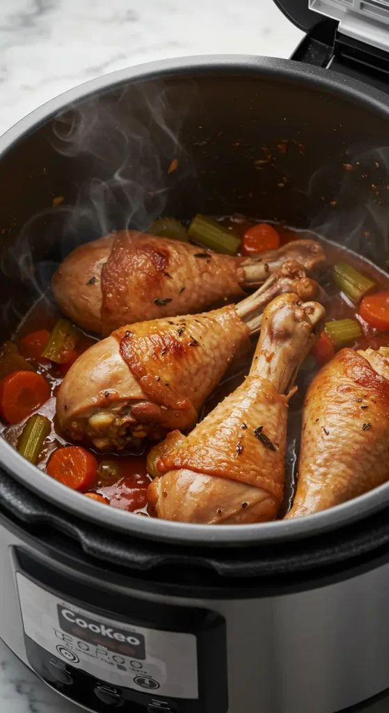 Jarrets de dinde mijotant dans la cuve du Cookeo avec sauce tomate et légumes