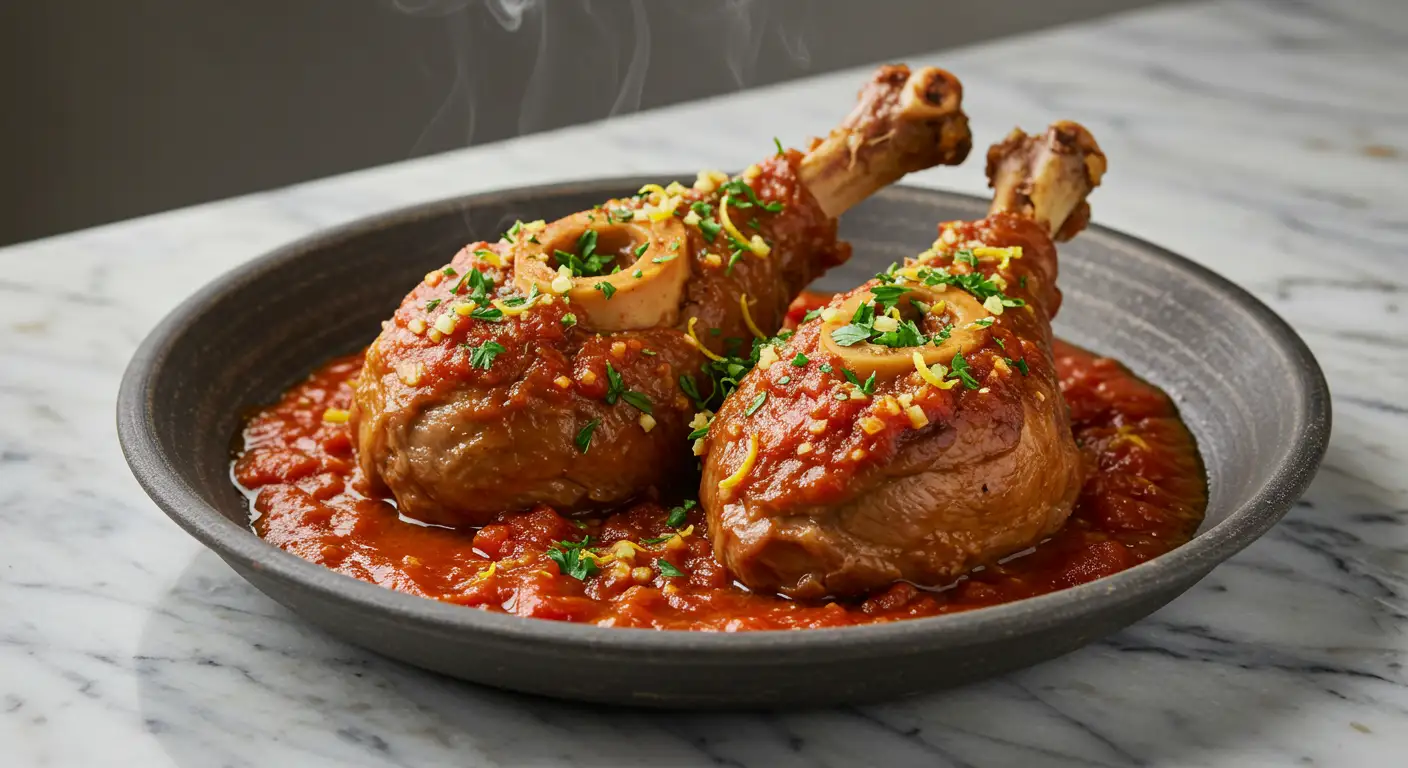 Osso buco de dinde au Cookeo avec sauce tomate et gremolata sur fond marbré