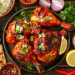 Poulet tandoori maison servi avec du riz et des légumes