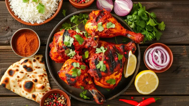 Poulet tandoori maison servi avec du riz et des légumes