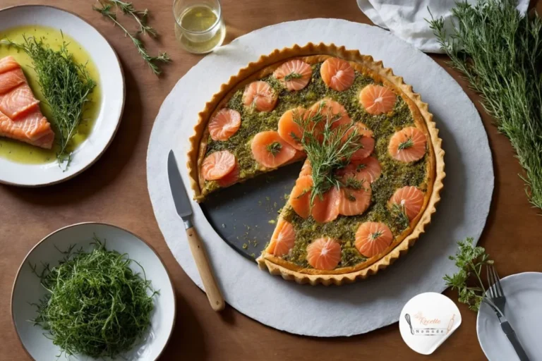 Tarte au saumon et poireaux maison avec croûte dorée et garniture généreuse dans une cuisine familiale
