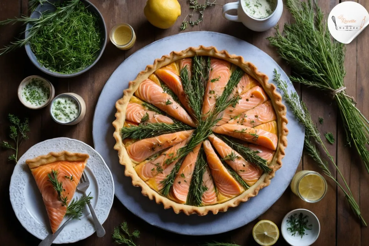 Tarte au saumon et poireaux maison avec croûte dorée et garniture généreuse dans une cuisine familiale.