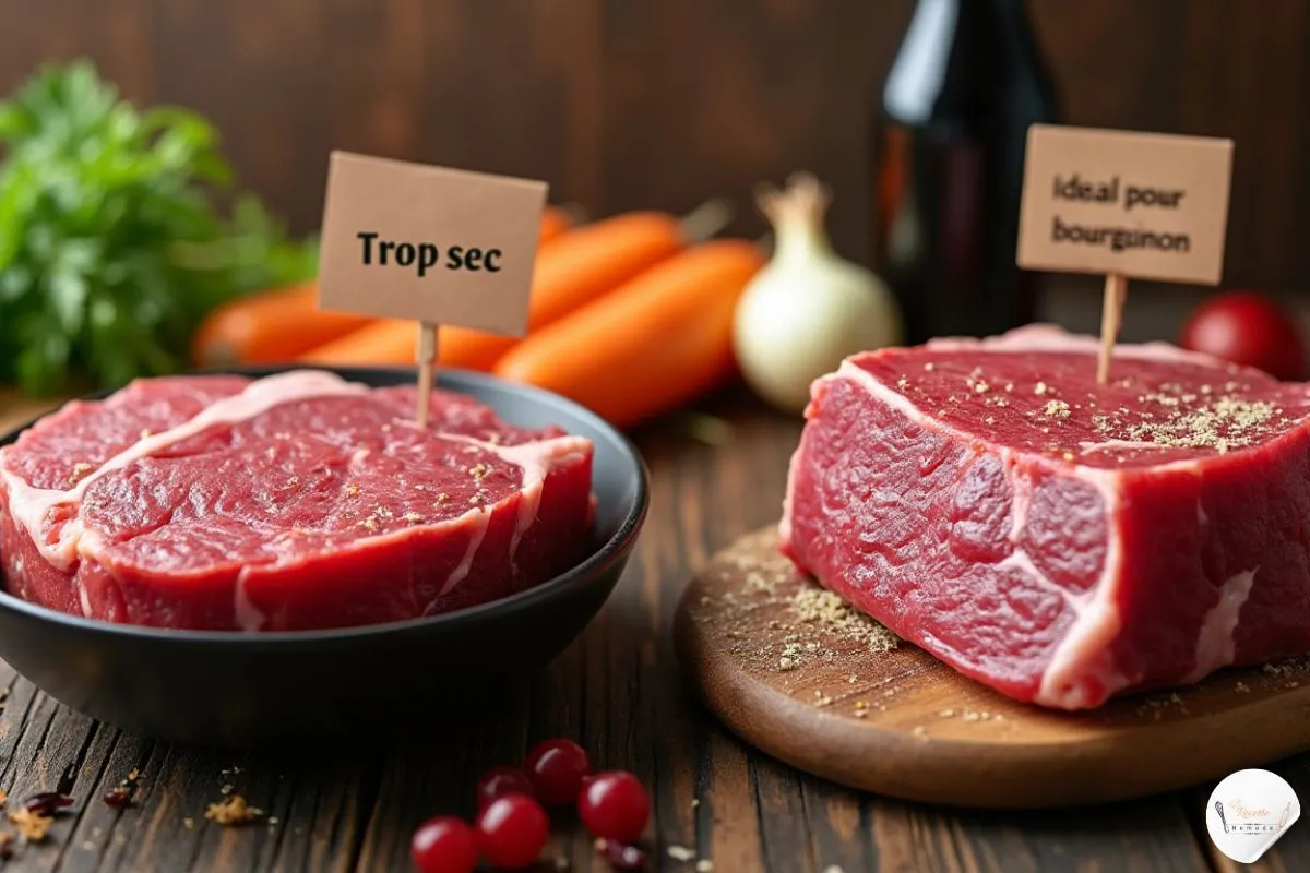 Créez une image contrastée montrant deux types de morceaux de bœuf : à gauche, un morceau de filet maigre (viande rouge claire et peu de gras), et à droite, un morceau de paleron marbré (viande rouge foncée avec des marbrures de gras). L'image doit illustrer visuellement l'erreur courante de choisir une viande trop maigre pour le bœuf bourguignon. Placez le filet dans un coin, accompagné d'un petit panneau indiquant "Trop sec", et le paleron avec une étiquette "Idéal pour bourguignon". Ajoutez des carottes, des oignons et une bouteille de vin rouge en arrière-plan pour donner un contexte culinaire. L’éclairage doit être naturel, mettant en évidence la texture et le persillage de la viande.