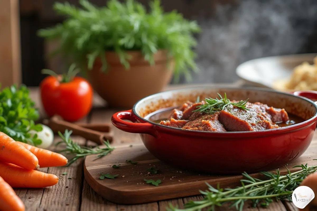 une image réaliste d'une cuisine traditionnelle, montrant une préparation de bourguignon à l'avance. Sur le comptoir, 