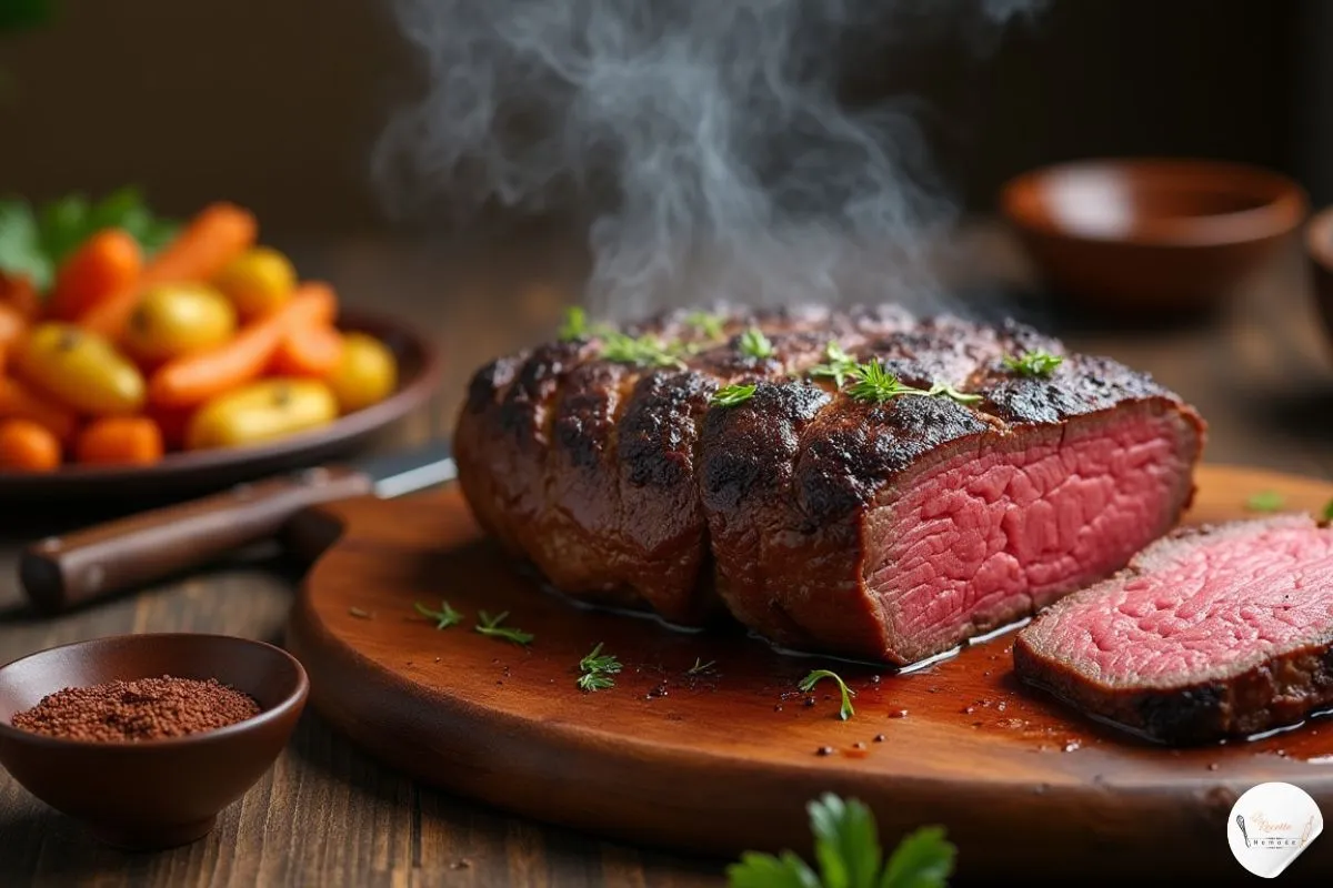 Vue rapprochée d’un rôti de bœuf parfaitement cuit, doré à l’extérieur et tranché pour révéler un cœur rosé.