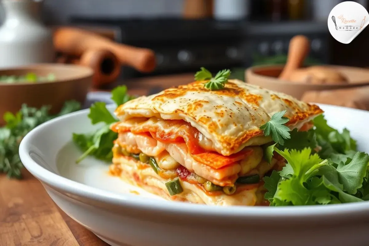Lasagne maison au saumon, épinards et ricotta, avec une croûte dorée et des couches visibles.