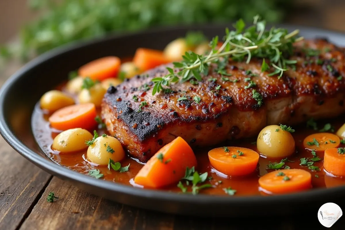 "Jarret de bœuf mijoté avec des légumes, une sauce riche et savoureuse."