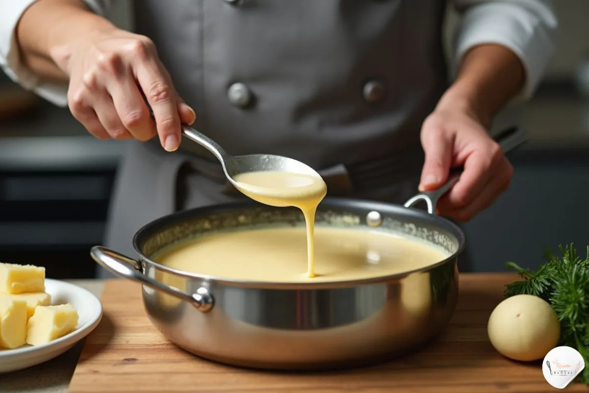 chef préparant une sauce crémeuse dans une casserole.