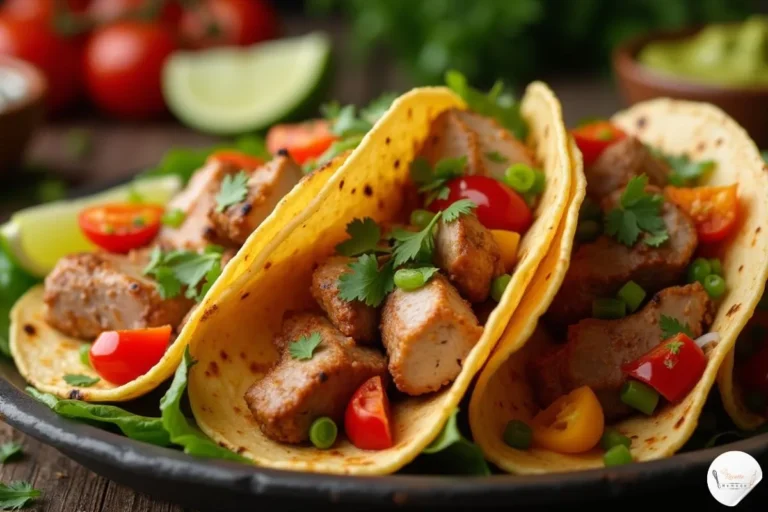 Fajitas poulet maison avec tortillas dorées, morceaux de poulet grillé, légumes colorés, accompagnées de guacamole, crème fraîche et salsa.