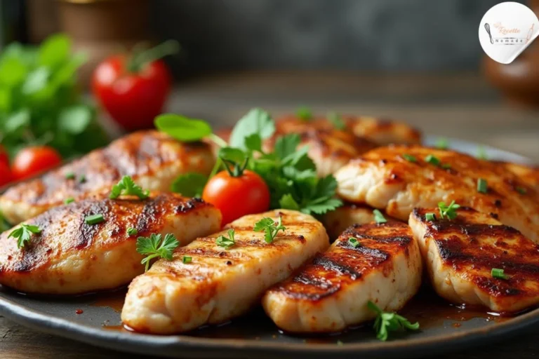 Variété de plats à base de filet de poulet, incluant des filets grillés et panés, servis avec des légumes.