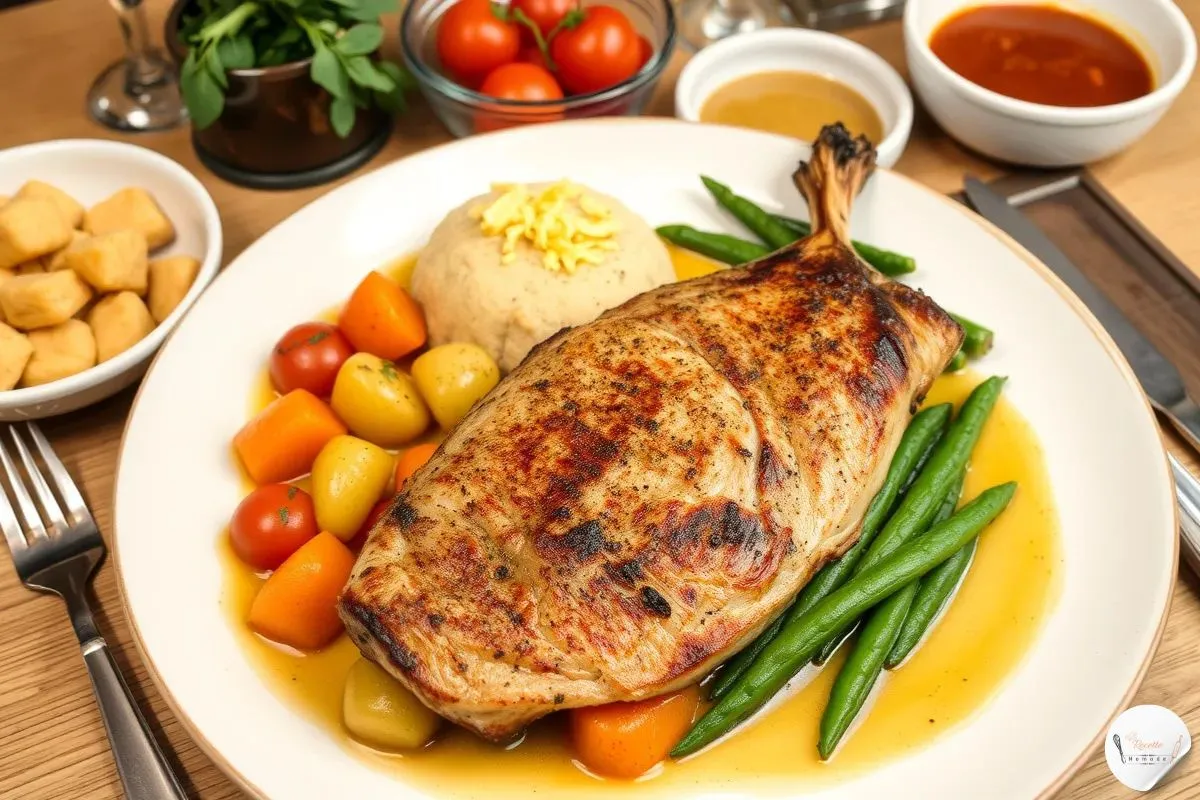 Image d'un plat traditionnel français avec un paleron braisé servi dans une grande assiette. Le paleron est tendre et doré,