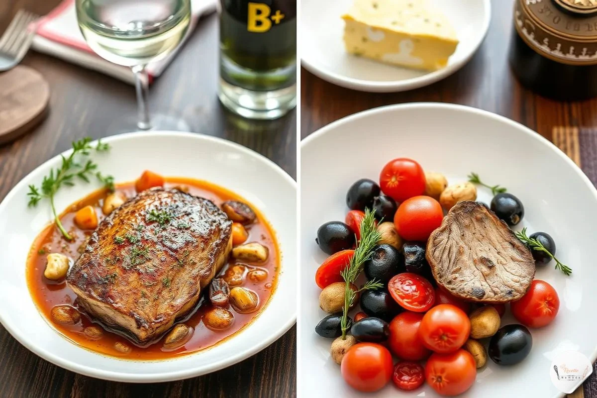 "Image d'un plat de paleron braisé avec une touche régionale française. D'un côté, une version bourguignonne du paleron braisé avec une sauce riche à base de bouillon de bœuf fort, accompagnée de carottes, oignons et champignons de Paris