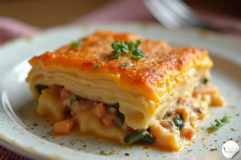 Un plat de lasagne saumon maison, aux couches savoureuses de saumon frais, poireaux fondants et sauce béchamel onctueuse, parfaitement gratiné.