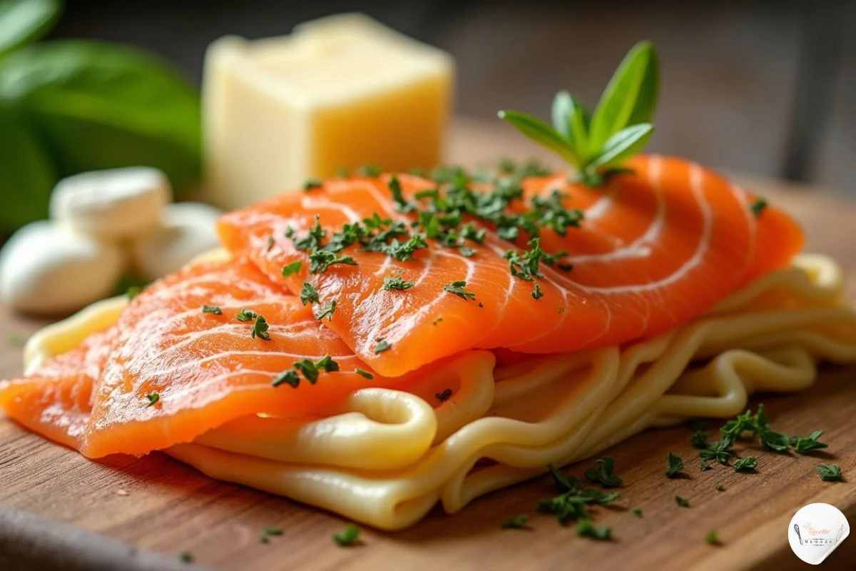 Les ingrédients essentiels pour une lasagne au saumon fait maison : saumon fumé rose orangé, pâtes à lasagne fraîches,