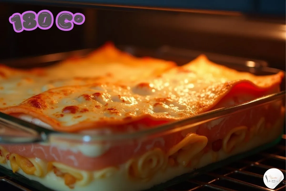Lasagnes au saumon dans un plat en verre transparent, chauffant à 180°C dans un four. Les couches de saumon, pâtes et sauce béchamel sont bien visibles, avec du fromage fondant sur le dessus.