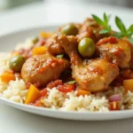 Poulet yassa doré avec oignons caramélisés, citron et olives vertes sur lit de riz, sur fond blanc épuré.