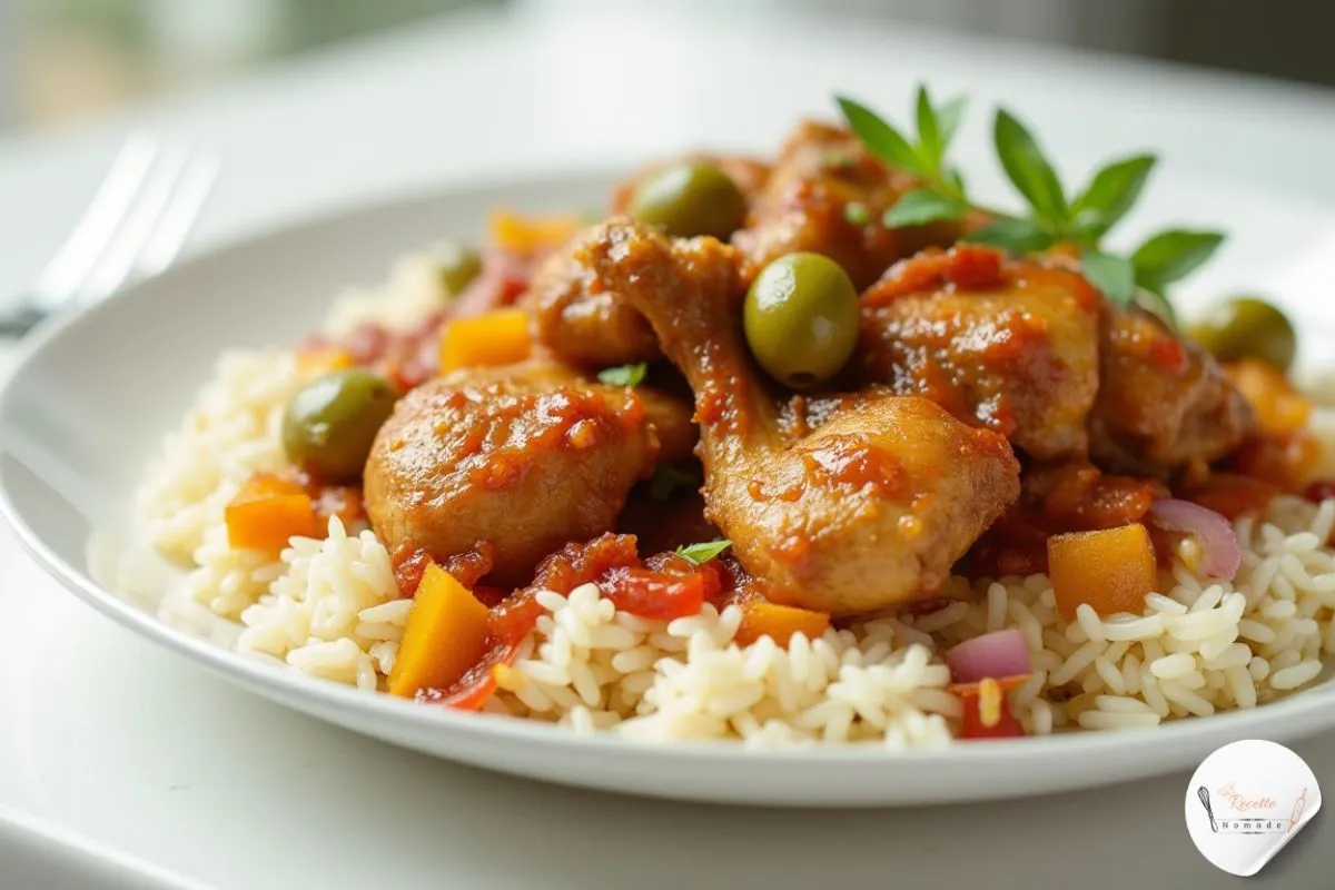 Poulet yassa doré avec oignons caramélisés, citron et olives vertes sur lit de riz, sur fond blanc épuré.