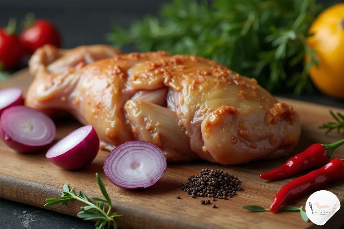 Ingrédients frais pour poulet yassa : oignons rouges tranchés, ail finement haché, poivre noir moulu, piment d’Espelette sur planche de bois avec persil et citron.