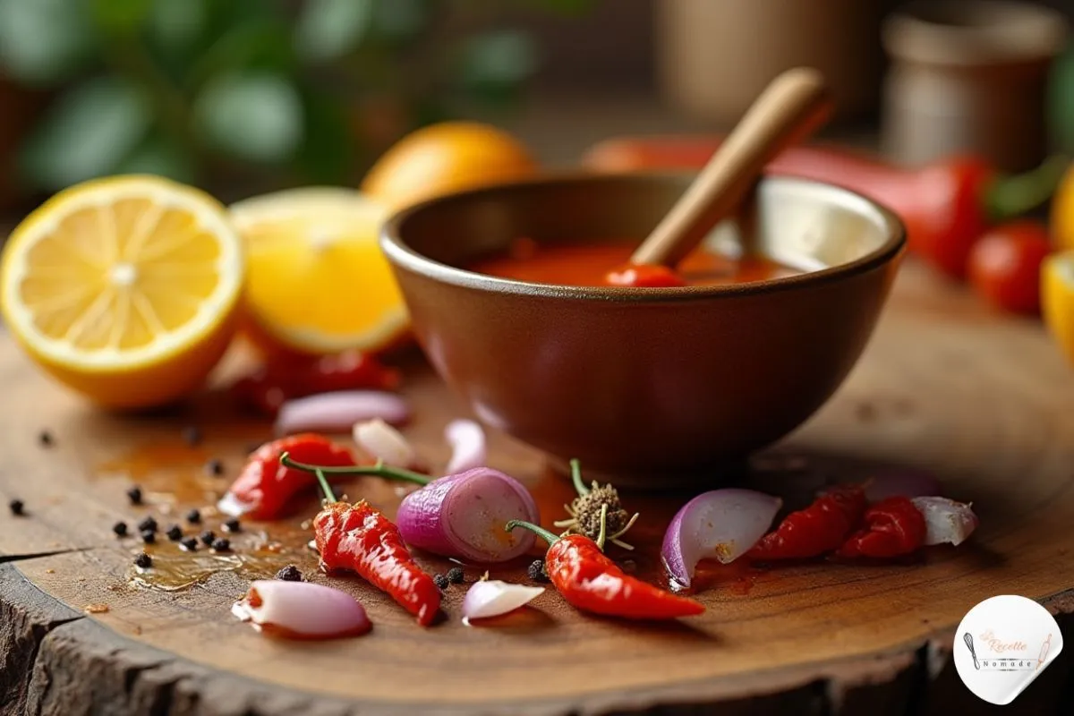 Ingrédients frais pour sauce yassa : quartiers de citron, oignons rouges tranchés, ail haché, poivre noir moulu, piment d’Espelette, et marinade dorée, sur planche de bois.