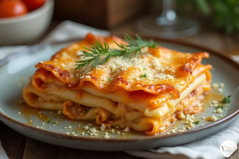 Lasagnes maison au saumon, gratinées et dorées à la perfection, présentées sur une table rustique avec un éclairage chaleureux.