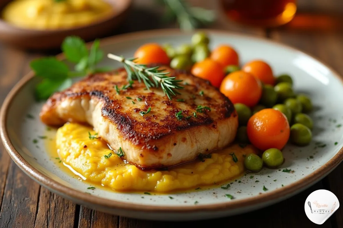 Plat de dinde rôti accompagné de purée de pommes de terre crémeuse, carottes rôties au miel et thym, haricots verts frais sautés à l'ail, et pommes de terre nouvelles rôties au romarin, garnis de thym et de romarin.