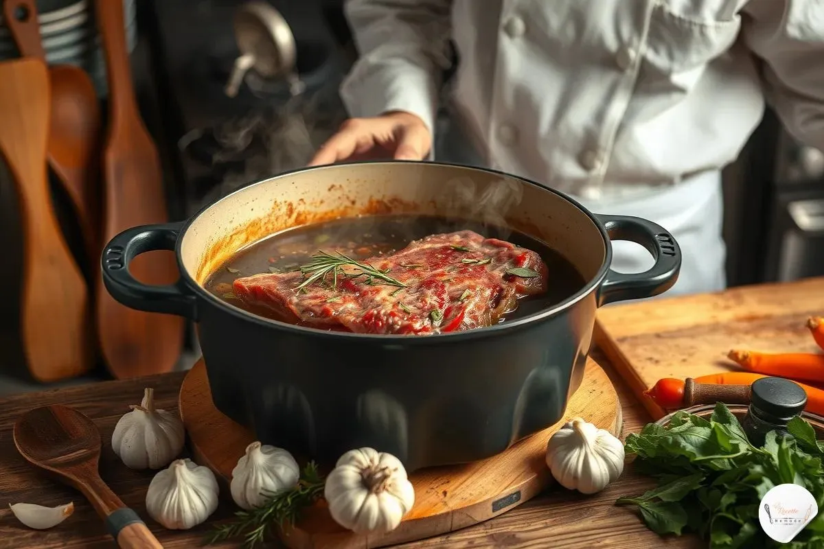 Image d'une cuisine rustique avec un chef qui braise un paleron de boeuf dans une cocotte en fonte. La viande est dorée