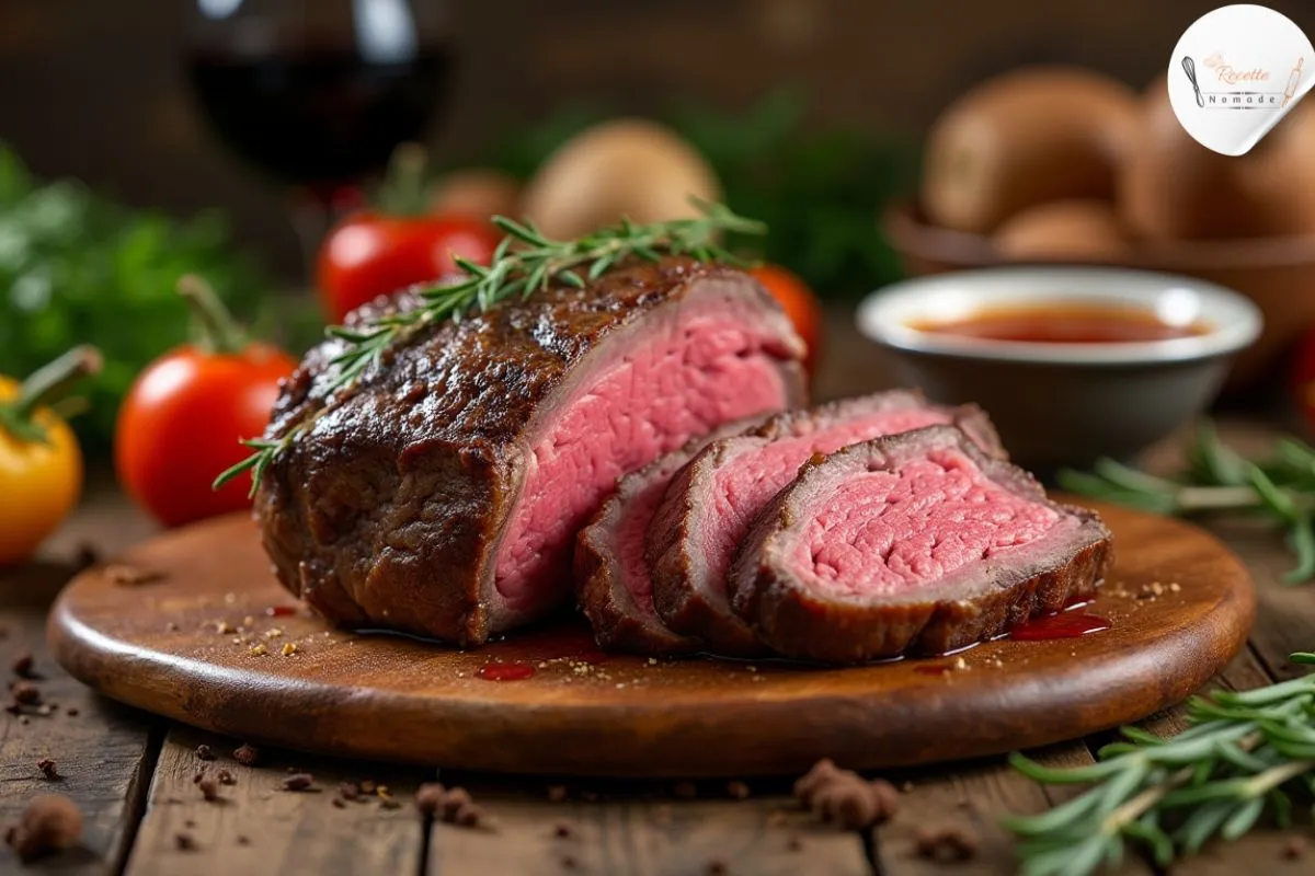 Paleron de boeuf tranché, servi avec des légumes rôtis et une sauce riche, sur une planche à découper.