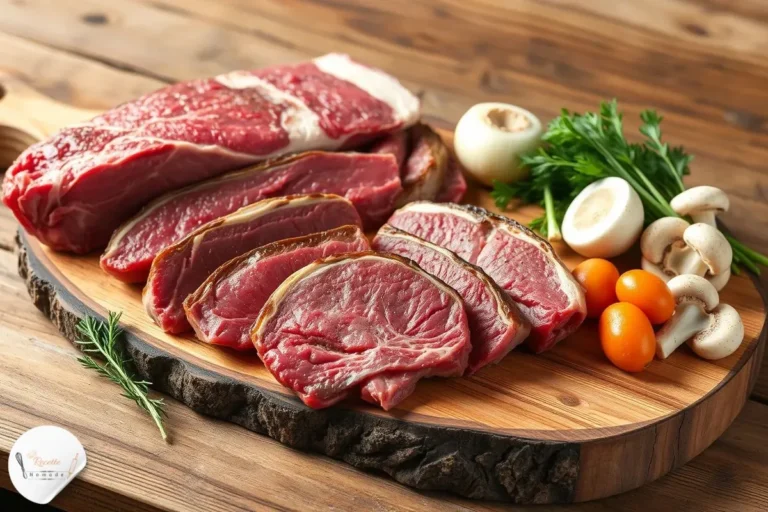 Photo réaliste de différents morceaux de bœuf sur une planche en bois, incluant la macreuse, le paleron, le gîte, et la joue de bœuf.