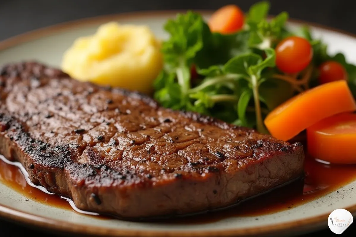 un plat de rosbeef parfaitement cuit, accompagné de garnitures classiques