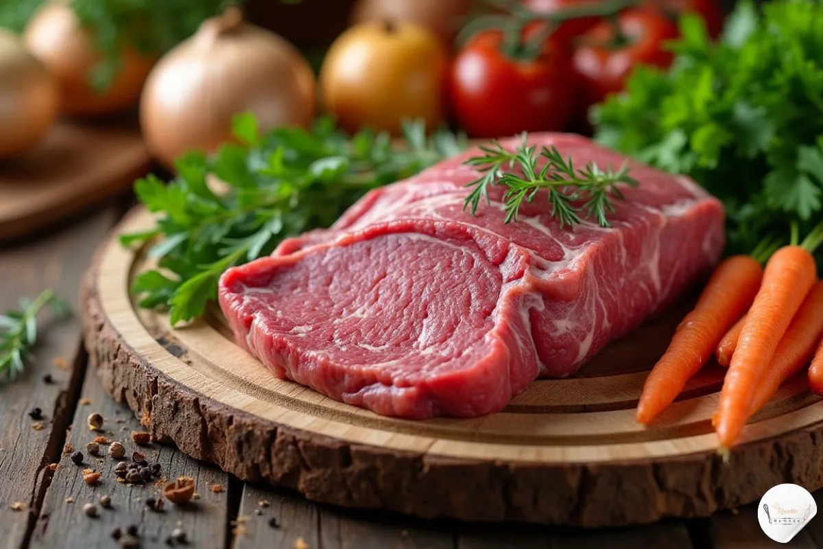 table de cuisine bien garnie avec tous les ingrédients essentiels pour préparer un jarret de bœuf. 