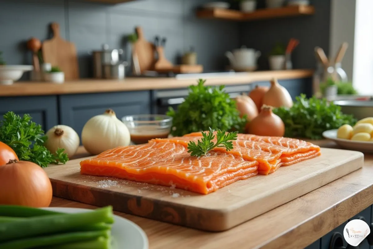 plan de travail de cuisine bien organisé pour préparer une lasagne saumon épinard.