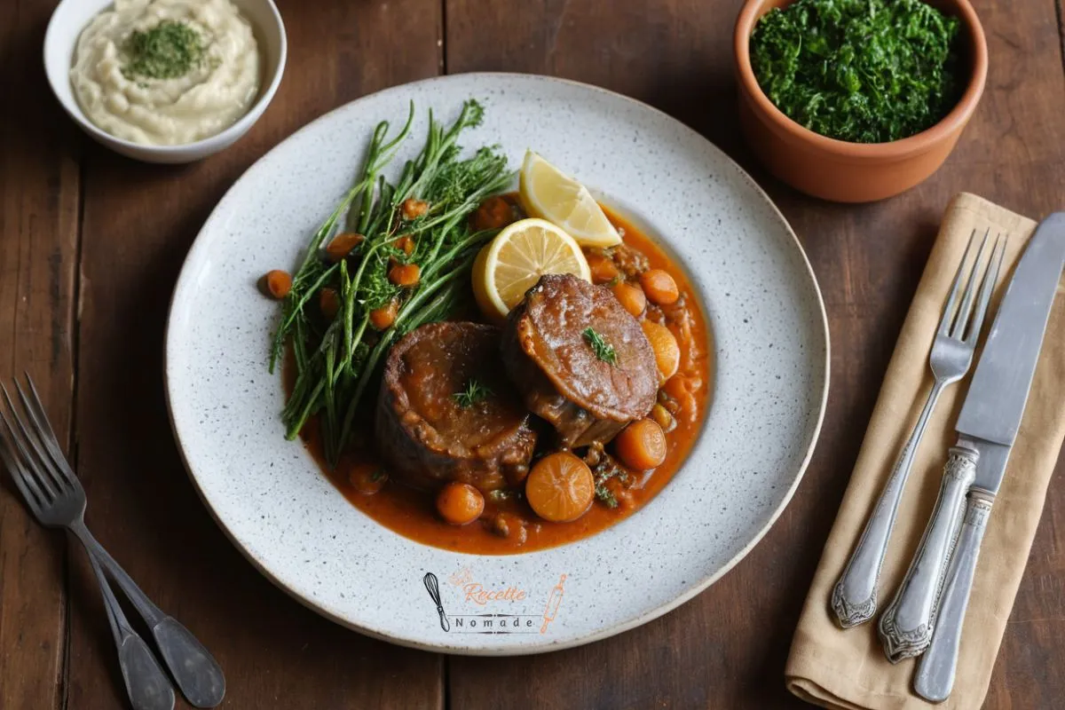 Osso bucco de dinde avec sauce onctueuse, carottes fondantes et garniture de zestes de citron et persil frais.
