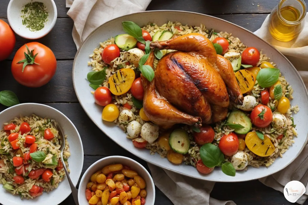 illustration culinaire mettant en scène des pilons de poulet marinés accompagnés de suggestions appétissantes.