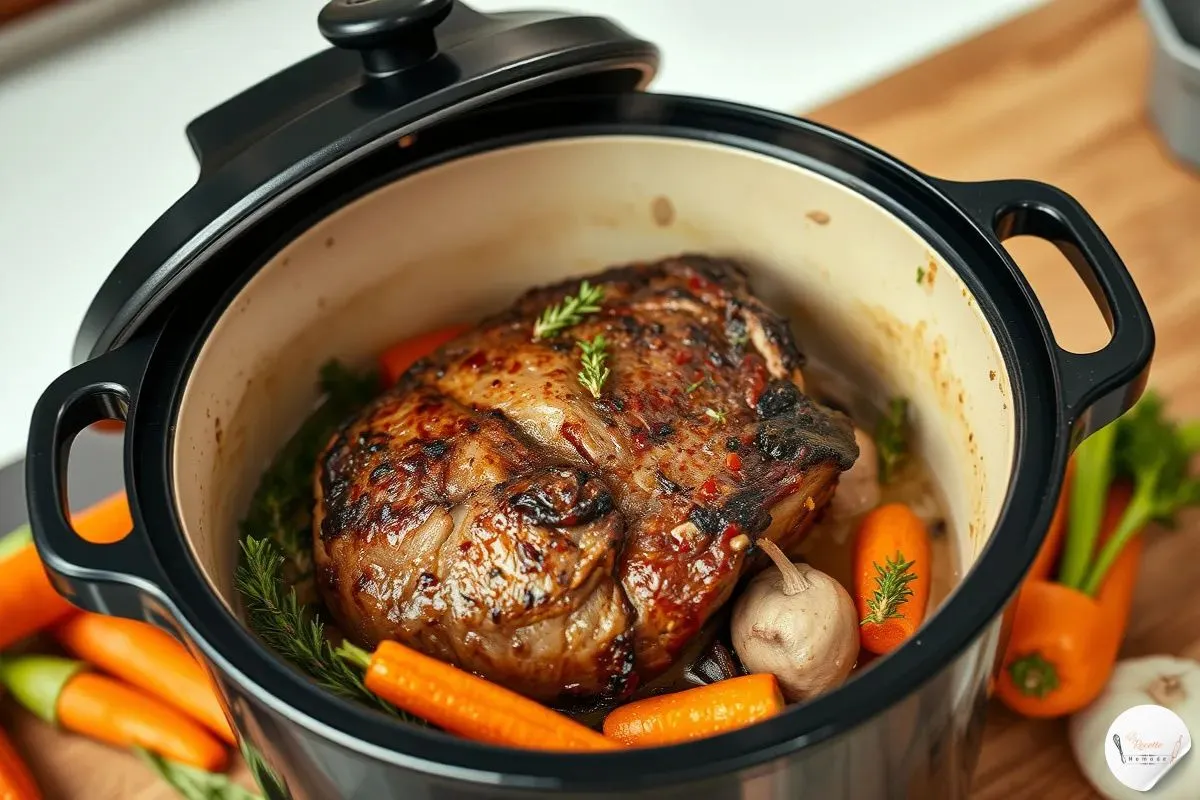 Image d'une cocotte minute dans une cuisine moderne, avec un paleron de boeuf braisé à l'intérieur.