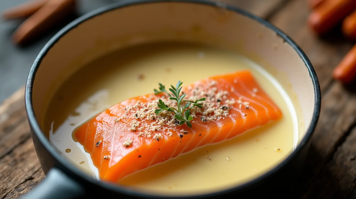 Préparation d'une sauce béchamel crémeuse pour des lasagnes au saumon. Montrez une petite casserole avec du beurre fondu, 