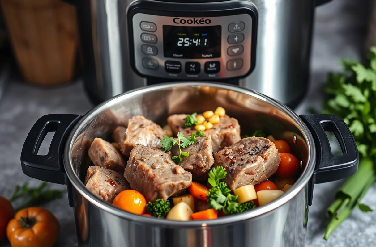 Cuisson d'osso bucco de dinde au Cookeo, avec morceaux dorés, légumes ajoutés, et réglage du programme 'Mijoté' pour une cuisson lente et tendre.
