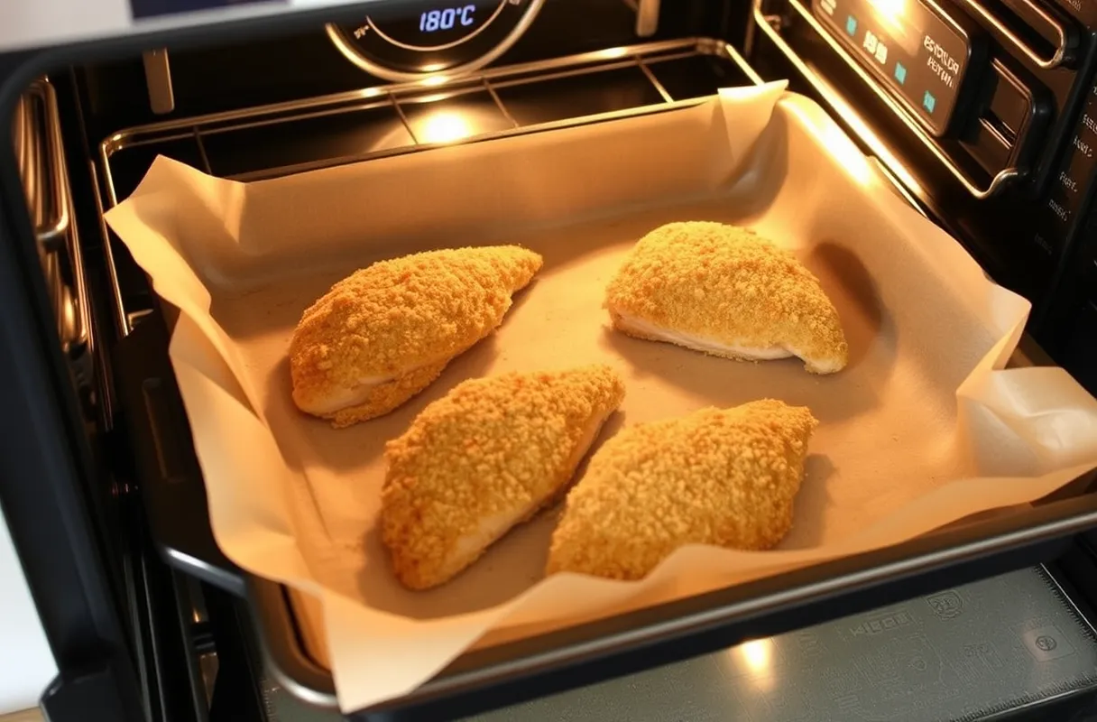 Plaque de cuisson avec des escalopes de poulet panées, prête à être enfournée à 180°C dans une cuisine lumineuse