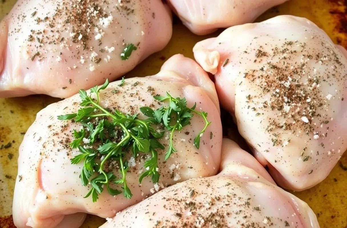 Cuisses de poulet assaisonnées de sel, de poivre et d'herbes aromatiques comme le thym ou l'origan, prêtes à être rôties
