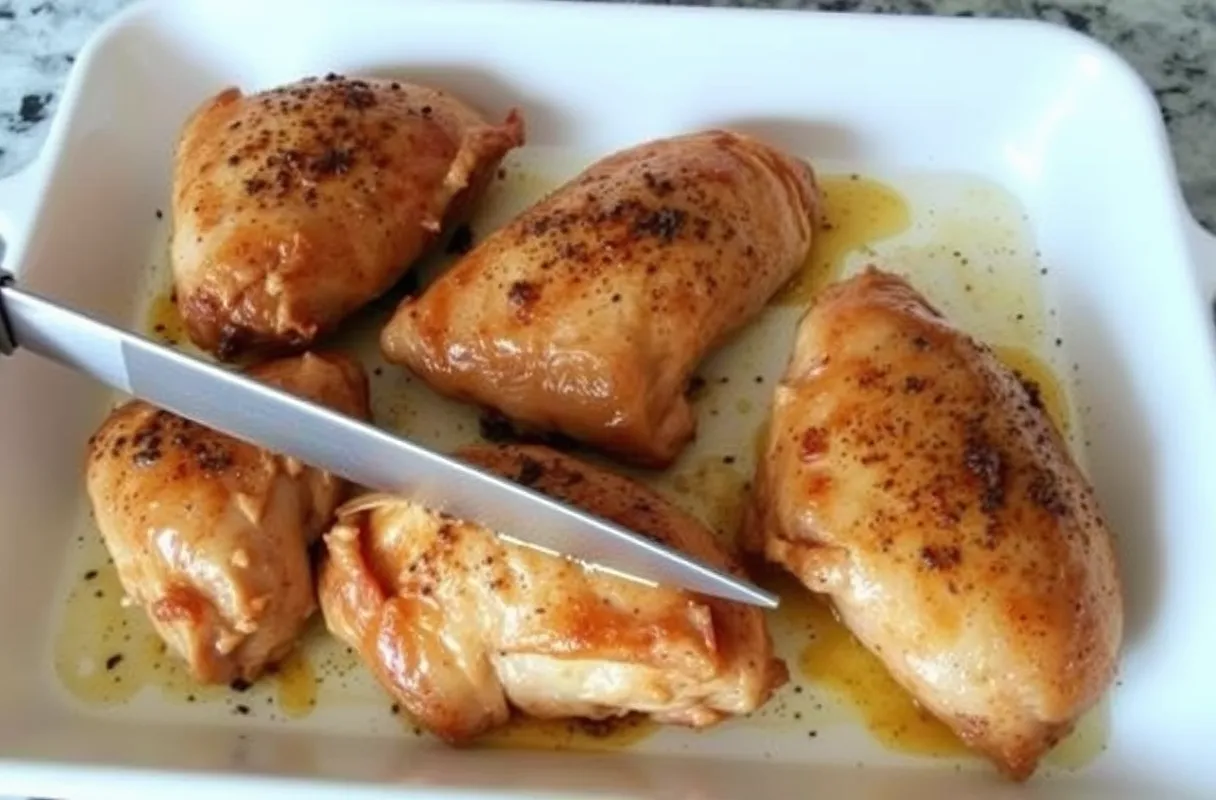 Cuisses de poulet dorées sorties du four, reposant pendant 5 à 10 minutes pour retenir les saveurs.