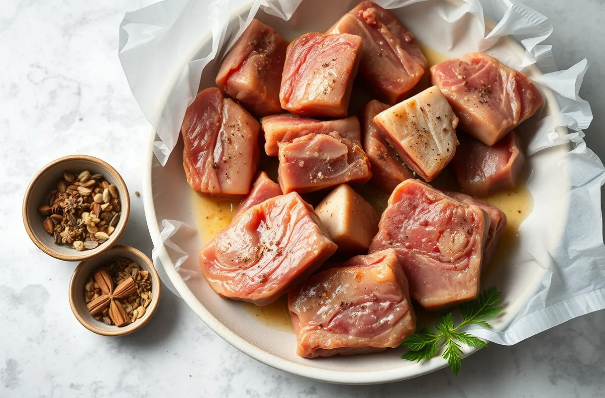 Morceaux de dinde assaisonnés avec sel, poivre et épices, reposant pour une marinade savoureuse avant cuisson.