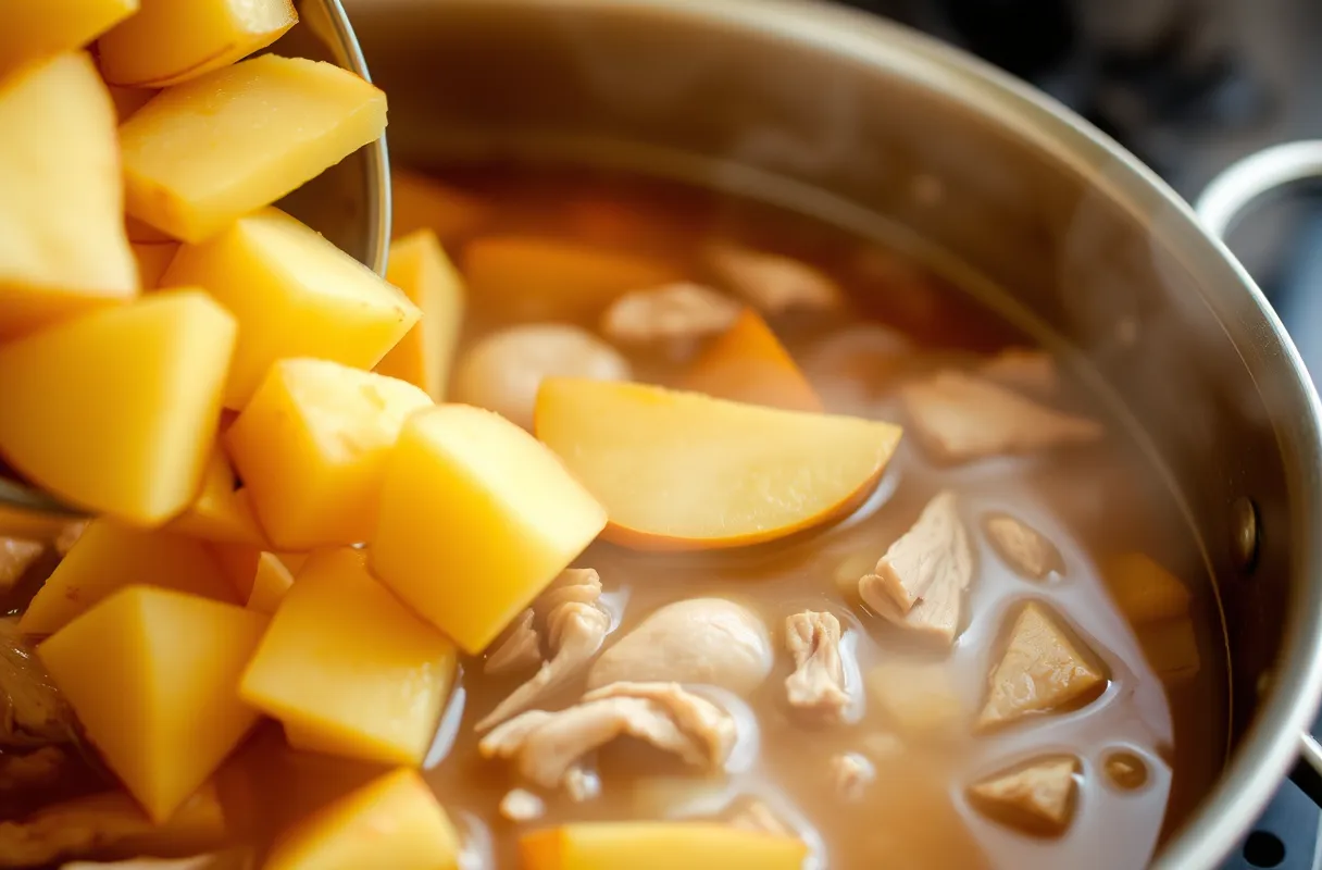 Des quartiers de pommes de terre ajoutés dans un ragoût de dinde mijotant, avec de la vapeur qui s'élève du plat en train de cuire