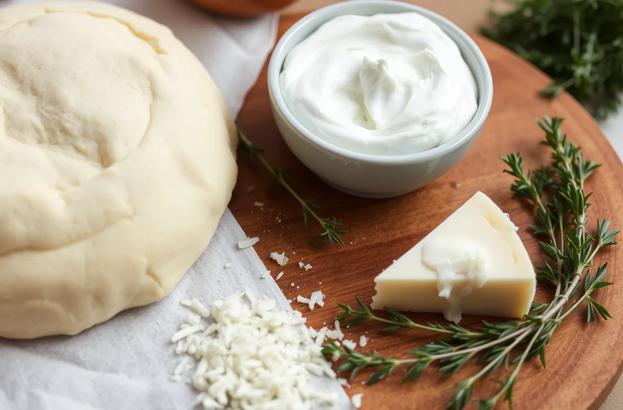 Les ingrédients pour une tarte : pâte feuilletée, œufs, crème fraîche, fromage râpé et herbes fraîches, prêts à être utilisés.