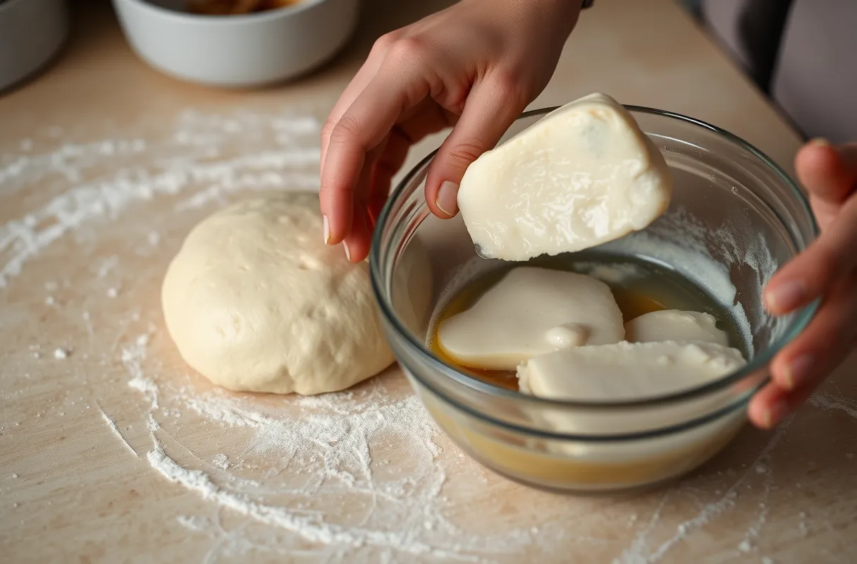 Boule de pâte feuilletée maison formée après ajout d'eau froide, sur une surface farinée.