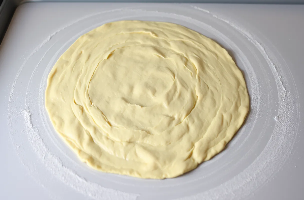 Pâte feuilletée pliée en trois sur un plan fariné, prête pour le feuilletage.