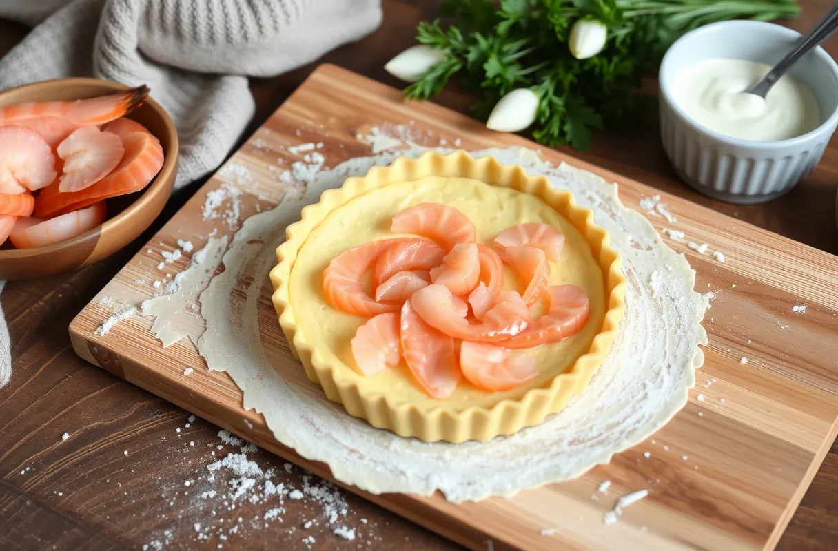 Pâte feuilletée maison entourée d'ingrédients frais pour une tarte saumon et poireaux.
