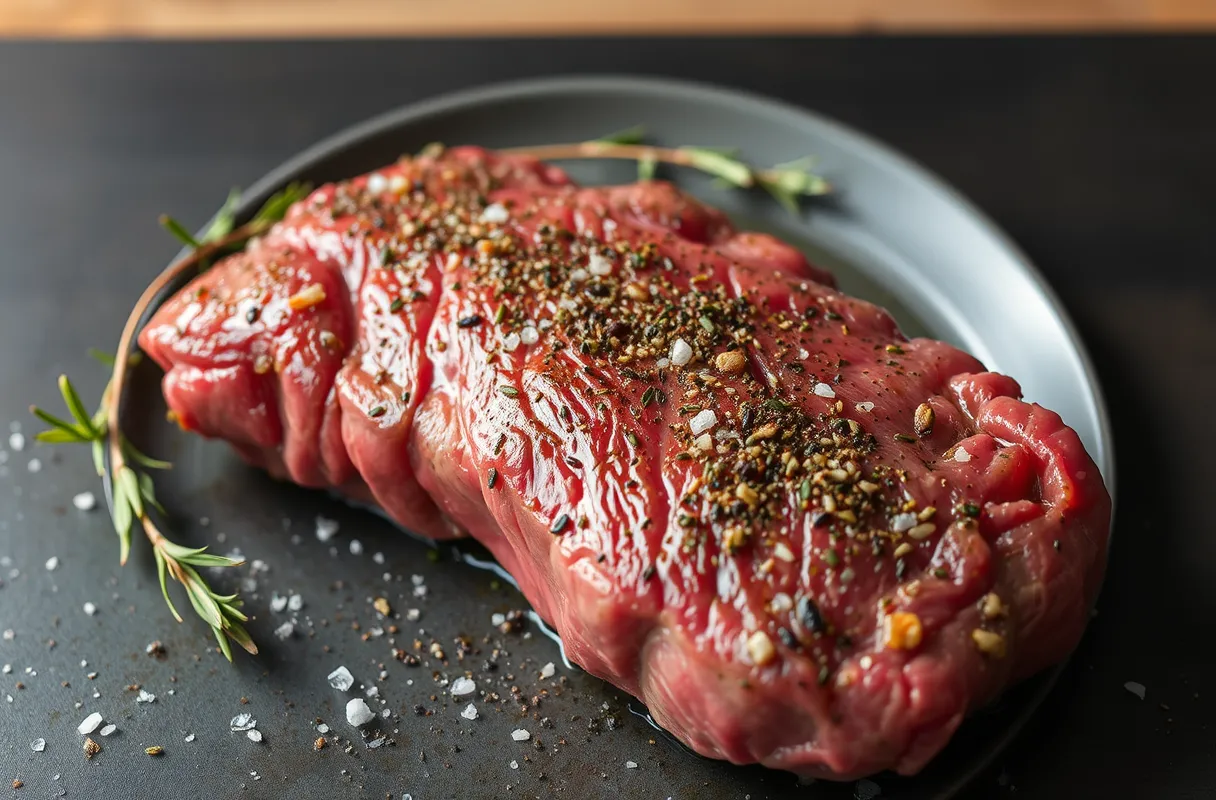 Rôti de bœuf assaisonné, avec sel, poivre et herbes fraîches.