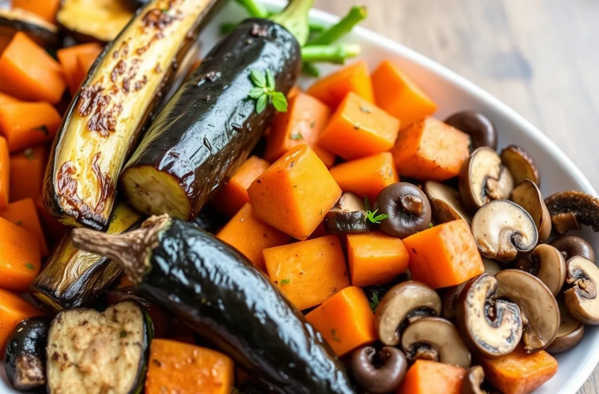 Des légumes modernes comme des courgettes rôties, des aubergines, des patates douces et des champignons, apportant fraîcheur et contraste au plat d'osso bucco de dinde.