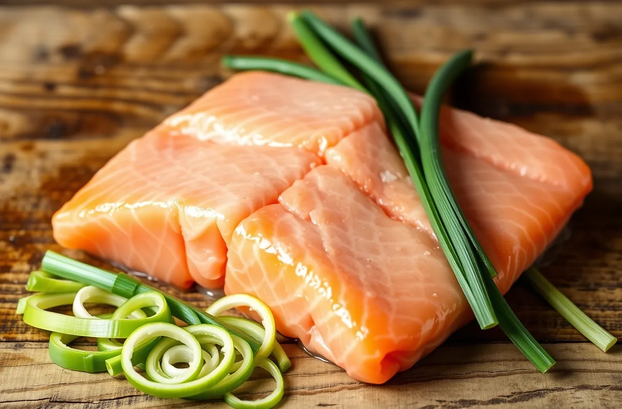 Filets de saumon frais et poireaux coupés en rondelles, présentés sur une surface rustique pour une préparation culinaire élégante.