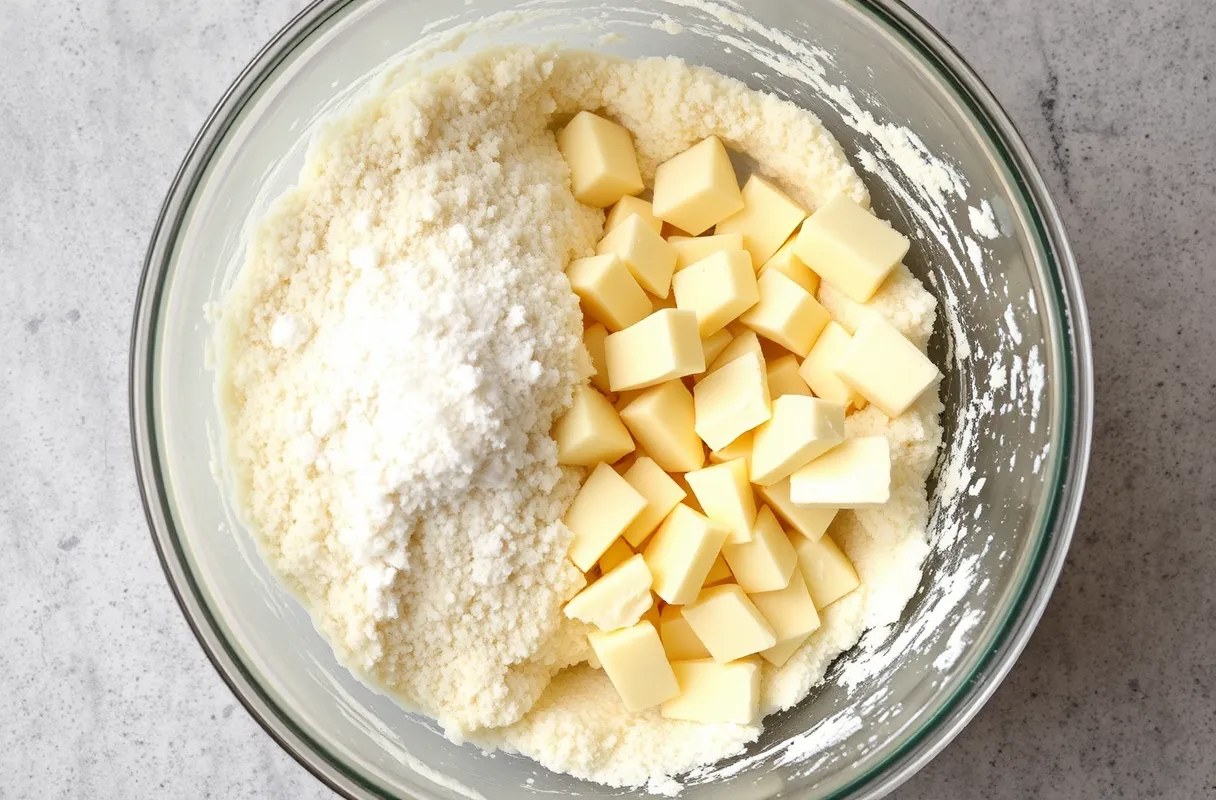 Bol de farine avec du sel et du beurre en dés, mélangés à la main pour une texture sableuse